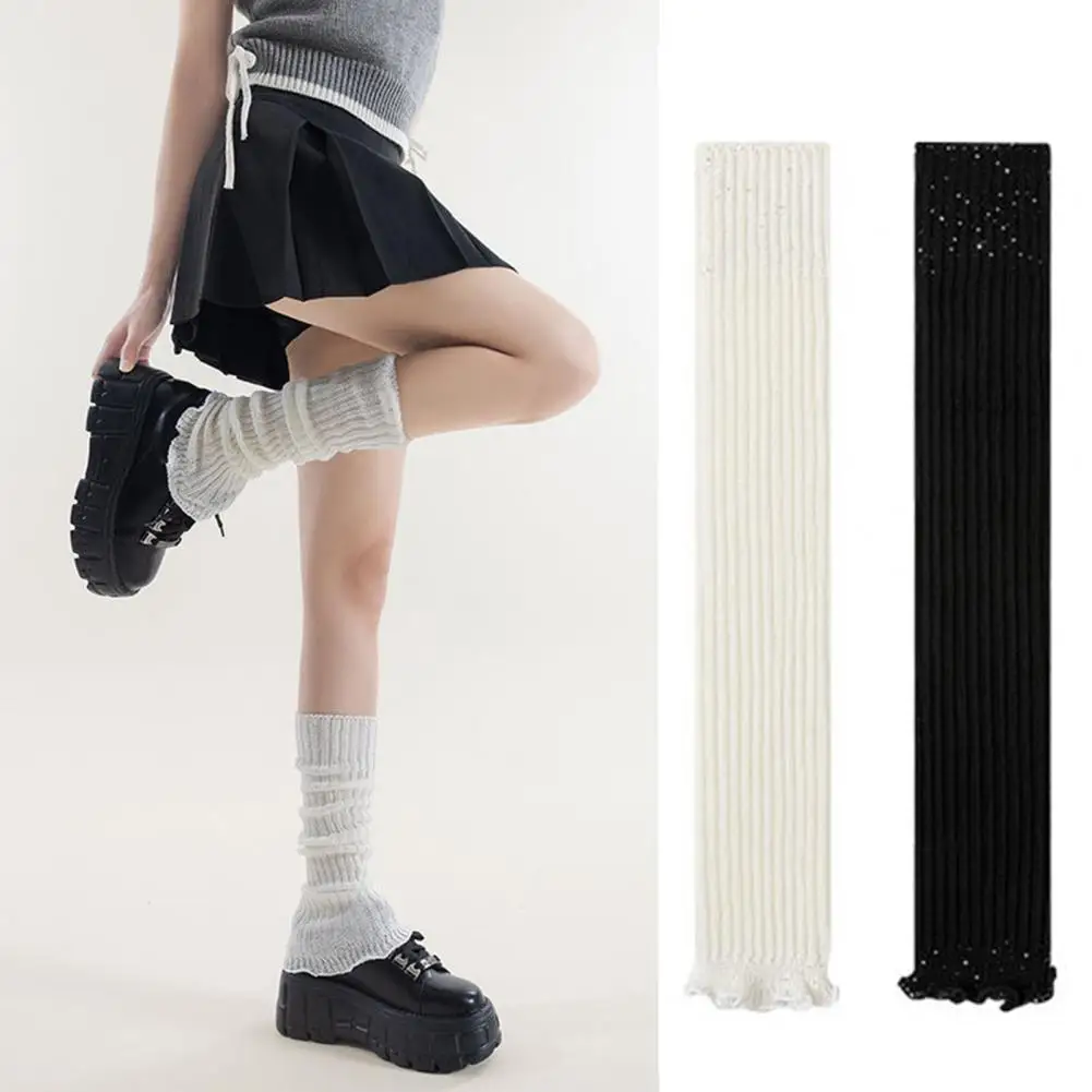 1 Pair Winter Calf Covers Knitted Anti-slip Solid Color Faux Pearl Elastic Lolita Style JK Cosplay Daily Wear Sports Leg Warmers