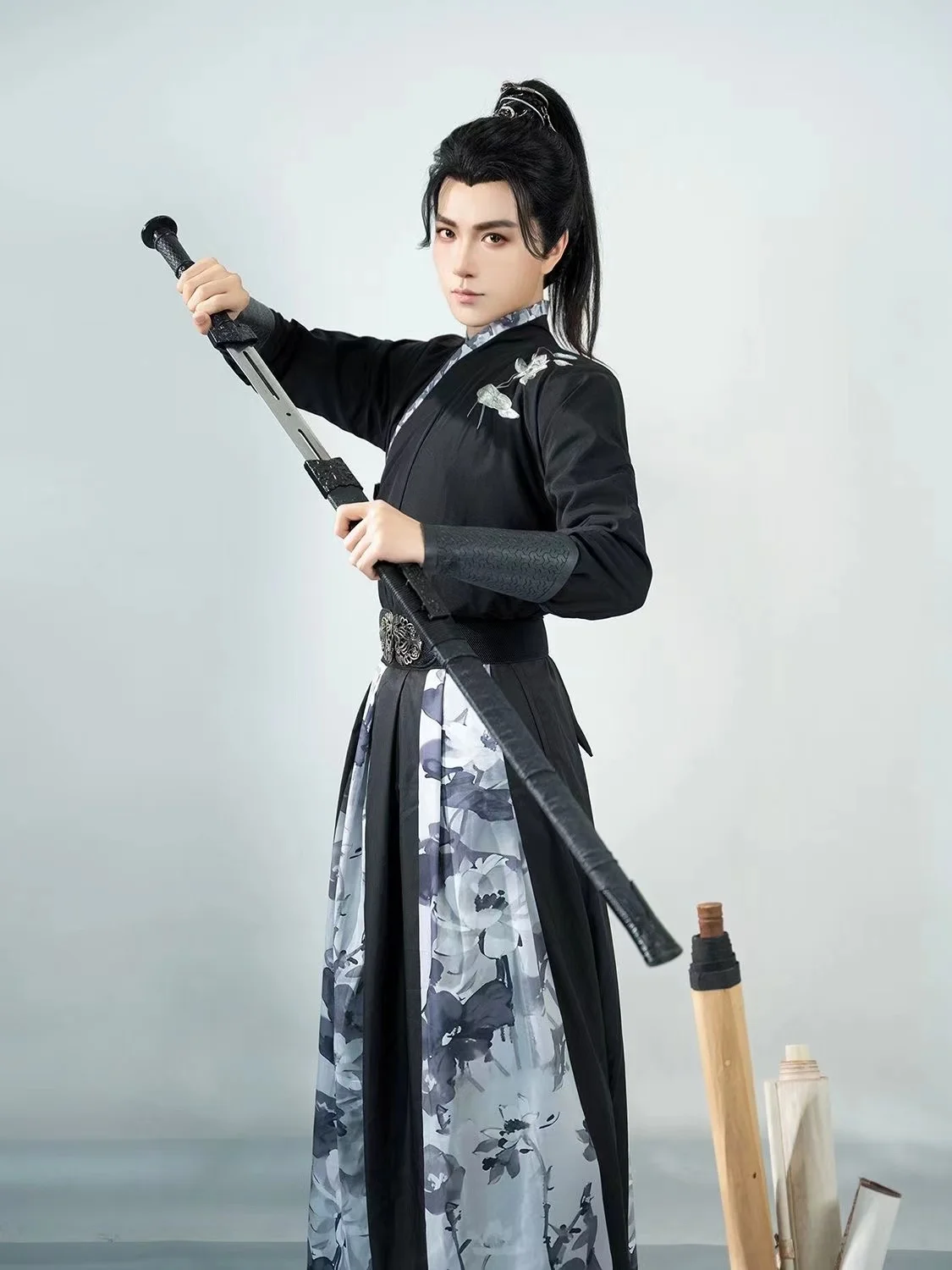 Ethnic Style Original Men's Hanfu Lotus Embroidery Black Traditional Costume Vintage Niche Boys Girls Swordsman Cosplay Clothing