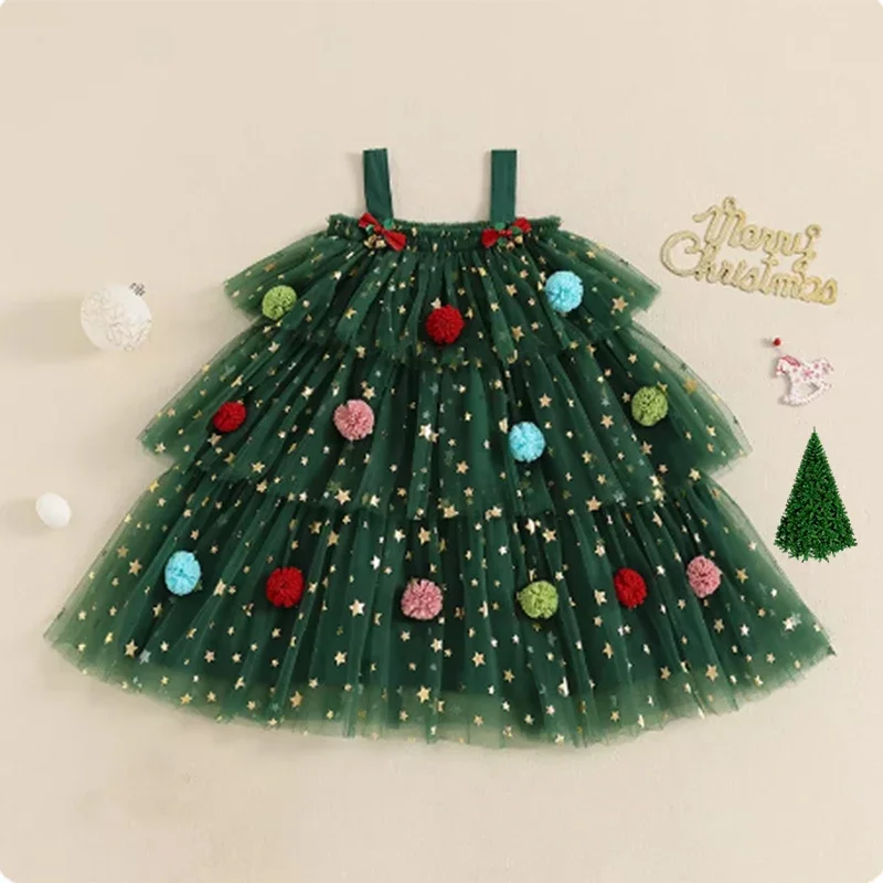 

Christmas Costume Kids Girls Green Dress Sleeveless Stars Sequin Layered Tulle Dress Plush Ball Hat Baby Cake Xmas Tree Clothes