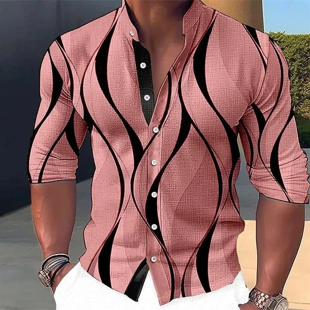 

Line Personality Slim Fit Shirt Korean Fashion Men's Men's Stand Up Collar Shirt Long Sleeved 2024 Spring New Item MB1