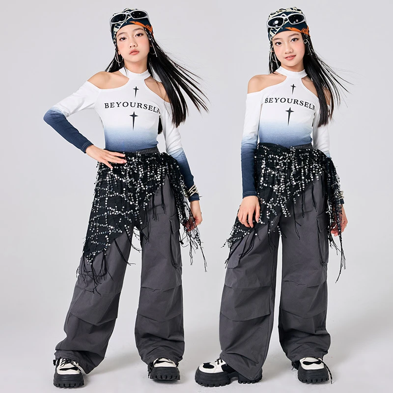 

Girls Jazz Dance Trendy Long Sleeve Crop Top Cargo Pants Kids Kpop Costumes Child Streetwear Hip Hop Clothing Suit Set Outfits