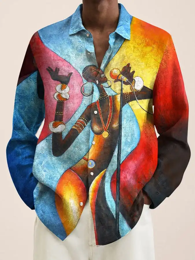 2024 New Men's 3D Art Painting Fashion Print Single Breasted Long Sleeve Shirt Casual Shirt Men's Loose Lapel Long Sleeve
