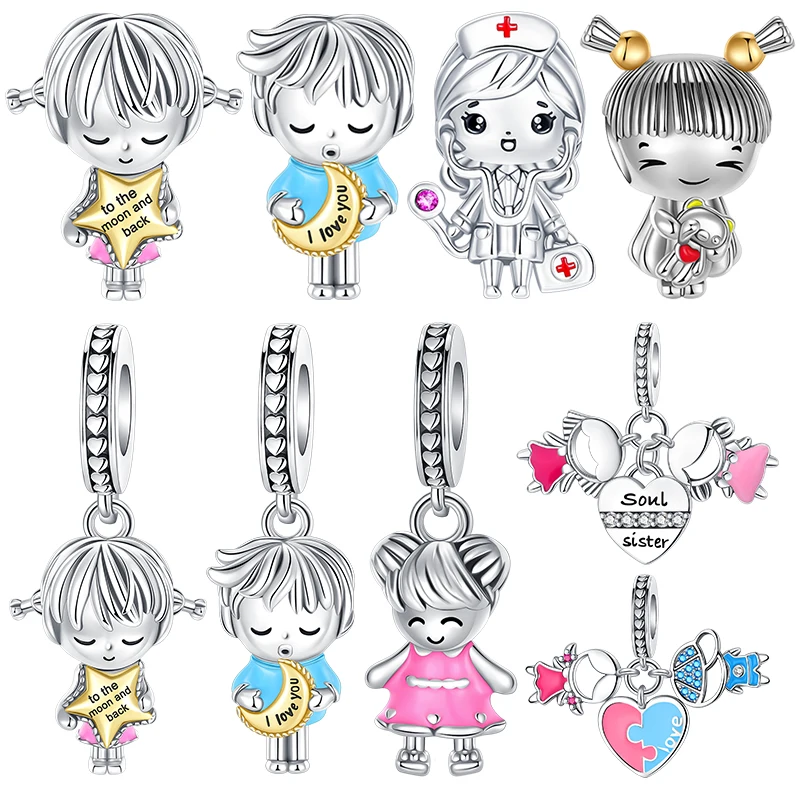 

925 Sterling Silver Girl Boy Nurse Sister Beads Character Family Love Dangle Charms Fit European Charm Bracelets Gift for Mom
