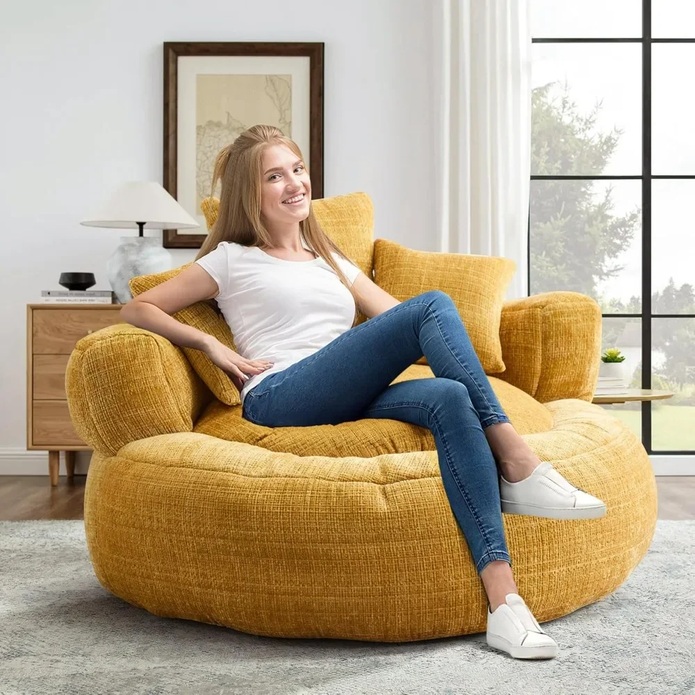 Bean Bag Chairs for Adults, Round Sofa Chair with Foam Filled and Pillow, Beanbag Soft Chenille Lazy Sofa Chair for Living Room