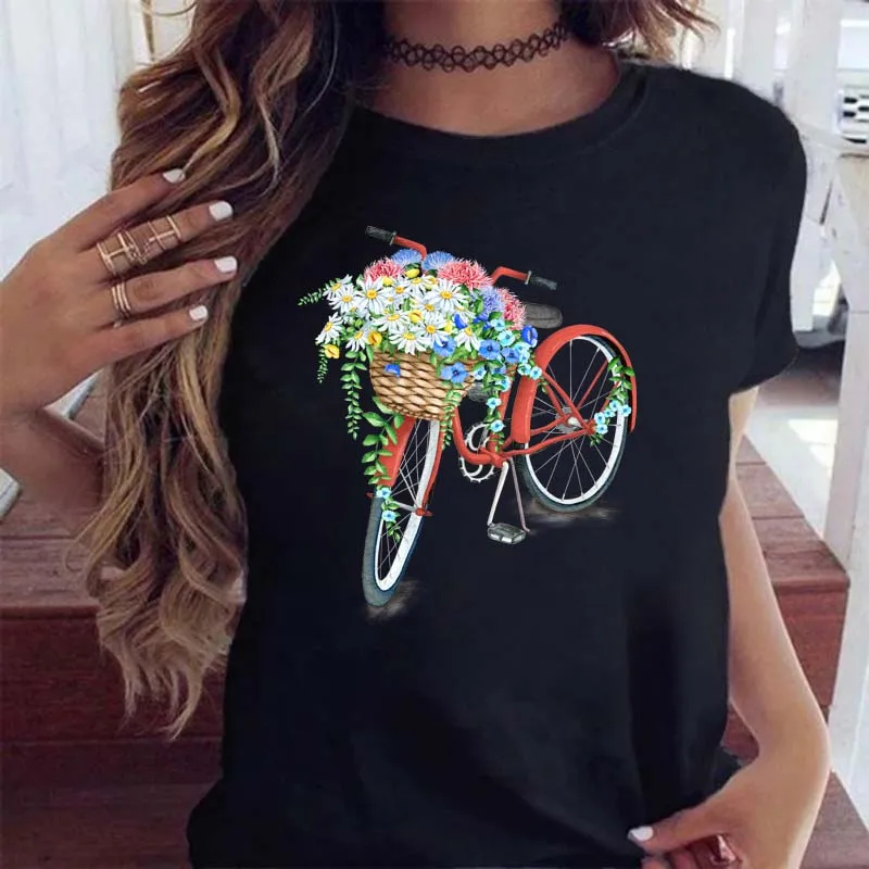 Woman Funny Bicycle Floral Fun Print T Shirt Harajuku Women Casual Crew Neck Short Sleeve Top Y2K Fashion Women High Quality Tee