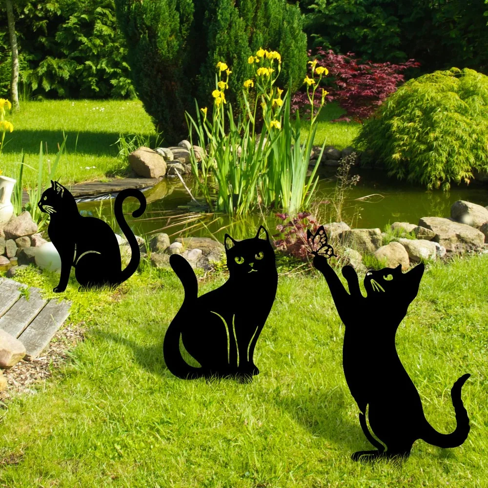 Cat Family Garden Stakes Decorative Cute Cat Garden Decorative Silhouette Animal Outdoor Statues For Cat Yard Garden Lawn