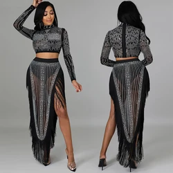 2024 Autumn Women's Diamond Perspective Mesh Long Sleeve Top and Irregular Lace Skirt Two Piece Set Nightclub Ball Dress