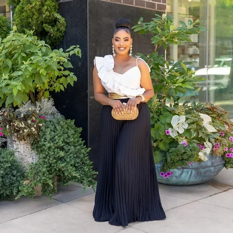 

GUWU Women Strap Sleeveless Pleated Wide Leg Long Jumpsuits Fashion Beach Backless Street Sexy Outfit Rompers