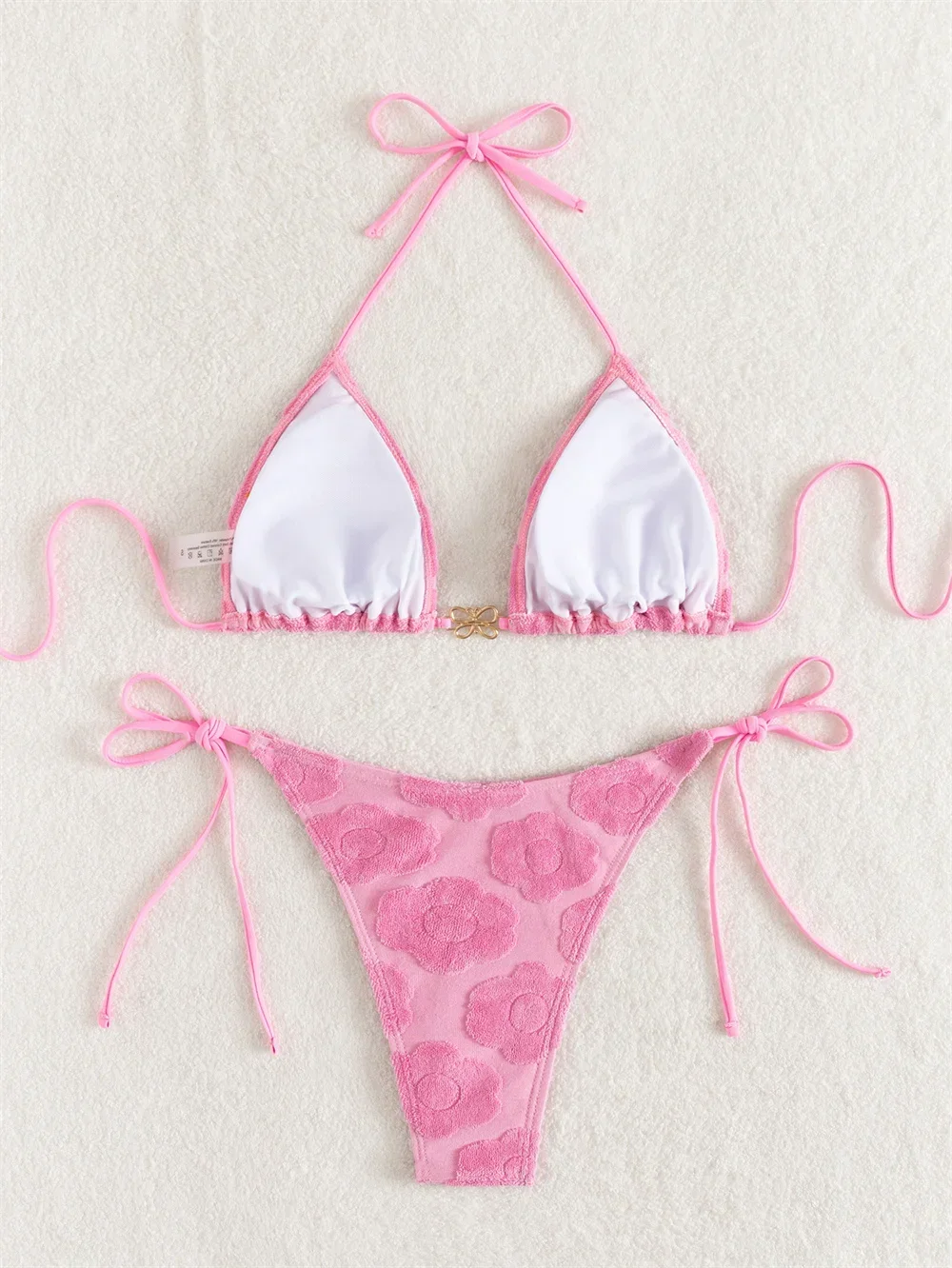 Pink Flower Jacquard Bikini Butterfly Rhinestone Micro String Backless Triangle Swimsuit Women Swimwear Thong Beach Bathing Suit