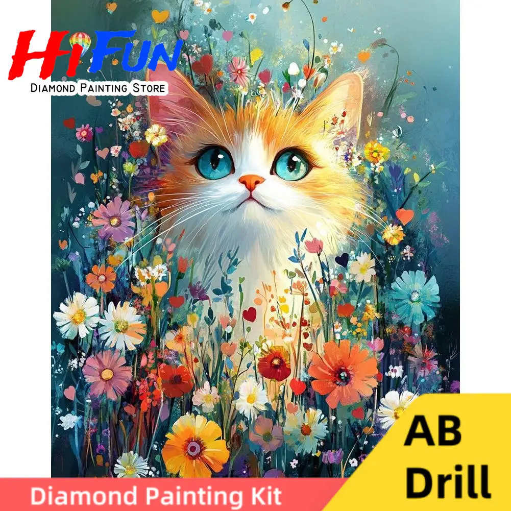 

White Cat and A Bouquet of Flowers 5D DIY Diamond Painting Art AB Drills Embroidery Cross Stitch Full Drills Home Decor