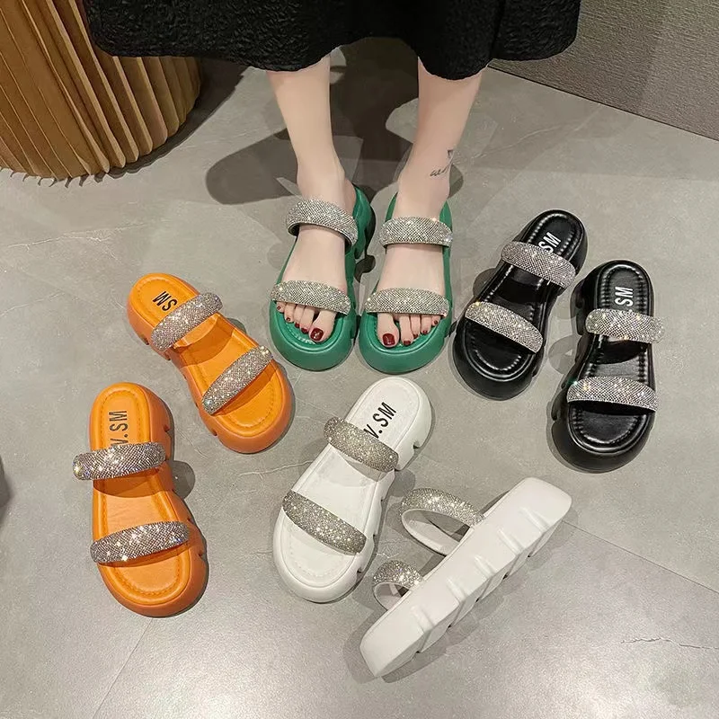 LazySeal Women Platform Slides Colorful Wedge Heel Crystal Design Flip Flop Outside Round Toe Summer Sandals Slip On Casual Mule