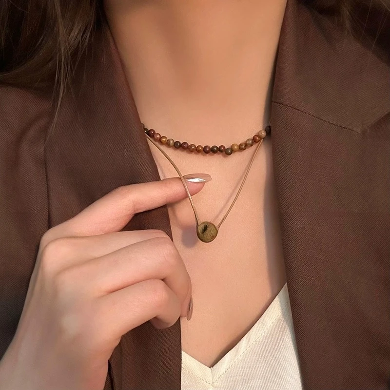 Perlen Doppel-schicht Halskette Natürlichen Rohstein DIY Frauen Persönlichkeit Temperament Schlüsselbein Kette Mode Schmuck – Detail 3