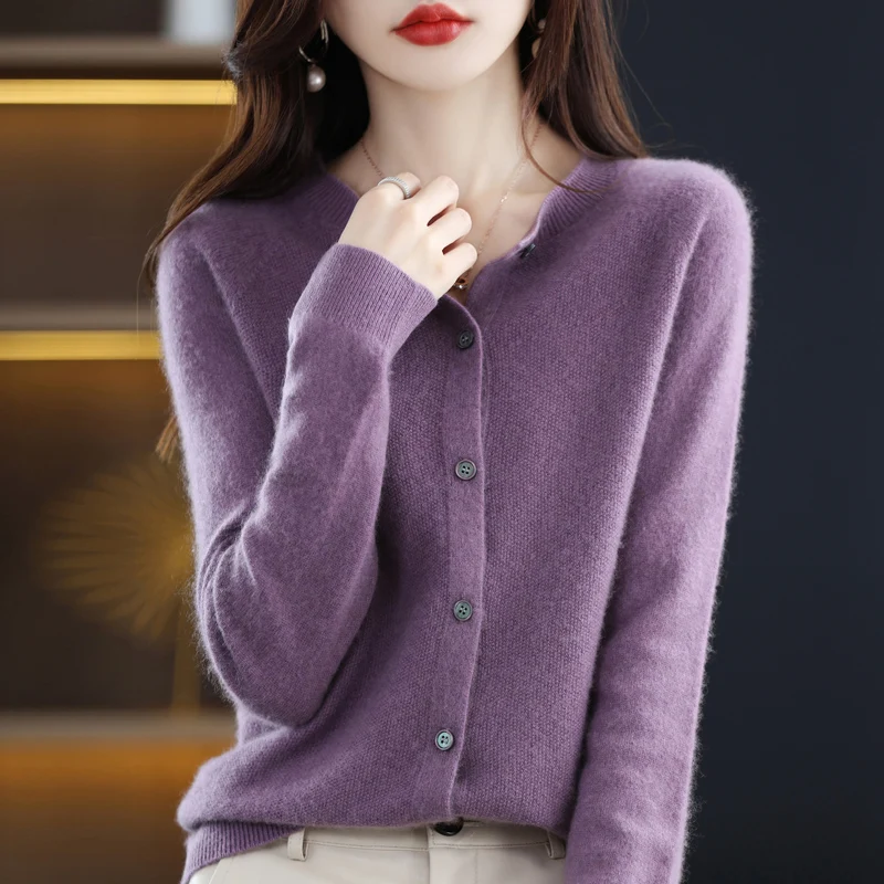 Autumn And Winter New 100% Australian Pure Wool First-Line Ready-To-Wear Women\'s Round Neck Sweater Cardigan All-Match Coat 019