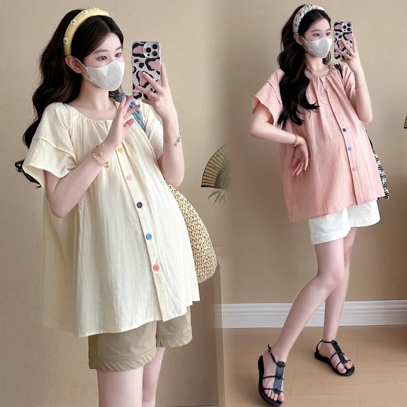 Atasan Kemeja Boneka Manis Lengan Gelembung Longgar Korea Musim Panas Hamil 2025, Celana Pendek Penyangga Pinggang Set Dua Potong