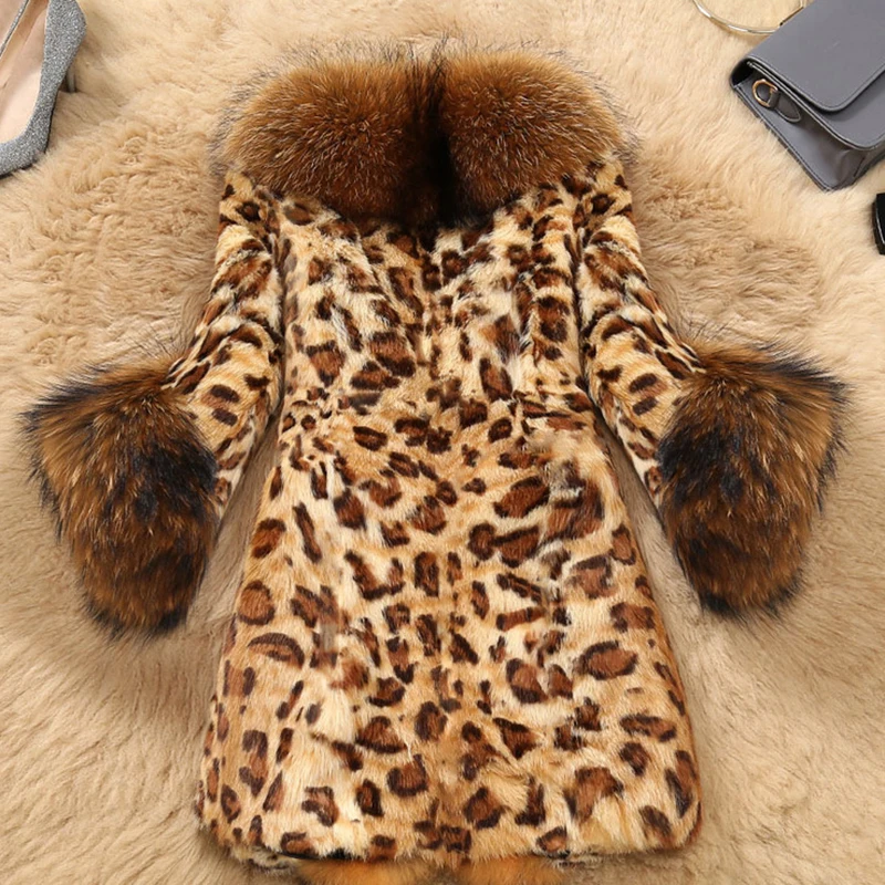 Luxury Winter Women Leopard Faux Fur Coat Parkas Windbreaker Female Raccoon Fur Collar Thick Warm Tops Ladies Fluffy Outerwear