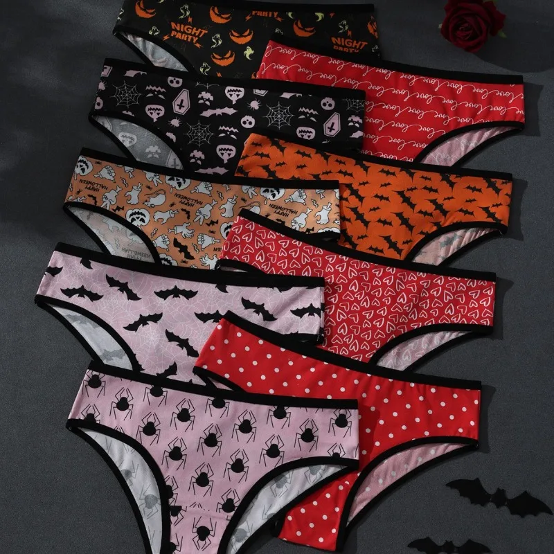 SP&CITY Pumpkin Bat Print Ice Silk Women's Underwear Low Waist Halloween Soft Panties Breathable Seamless Cotton Crotch Briefs