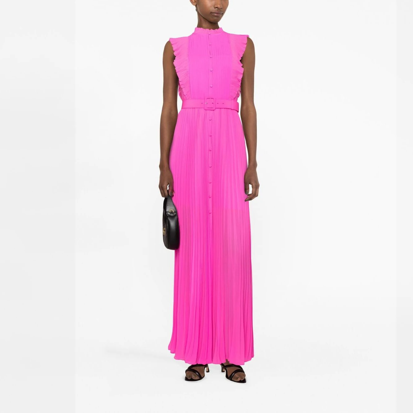 

Women's belt tied waist ruffle red mid-length dress, light luxury custom whole pressed pleated sleeveless slim dress 2023 new