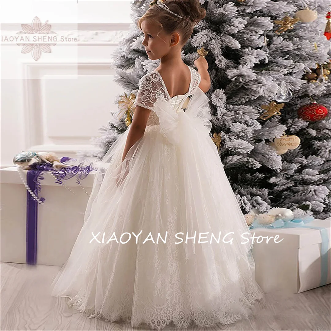 Vestido largo de encaje de tul esponjoso blanco con cinturón de flores para niña, vestido de boda para niña, vestido de fiesta de eucarista para niños