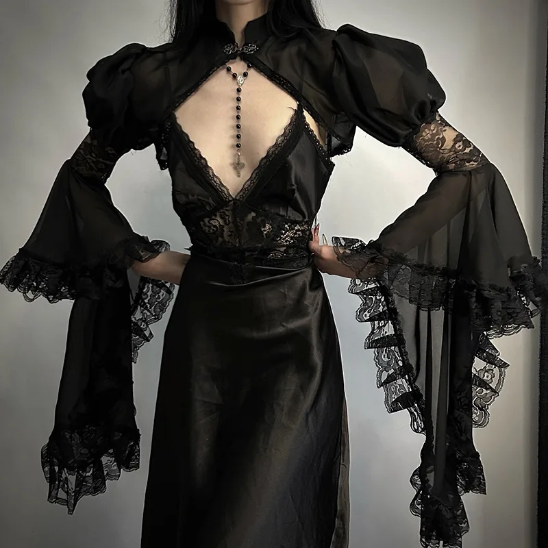 

Lace Mesh See Through Flared Sleeve Smocks Goth Black Chiffon Sexy Vintage Aesthetic Lace Trim Fashion Women Summer Cloak Tops