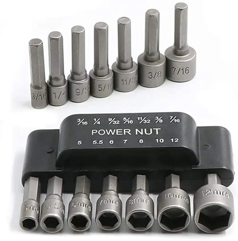 14pcs Power Nuts Driver Drill Bit Tools Set Metric Socket Wrench Screw 1/4\'\' Driver Hex Keys