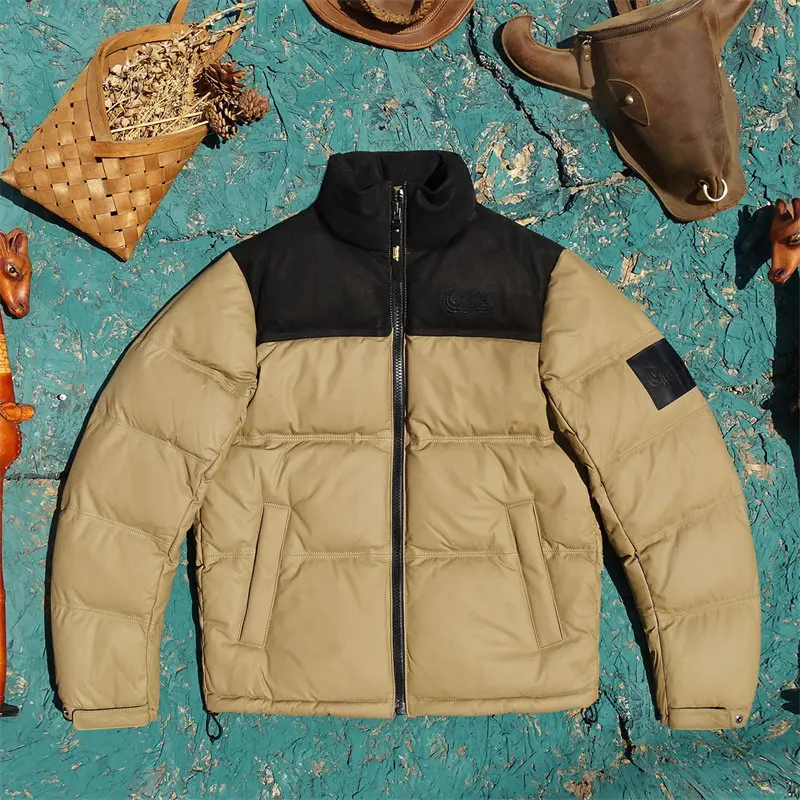 Khaki Winter Leather Down Jacket Men Casual Style American Size Genuine Natural Sheepskin Thick Warm Stand Collar Leather Coat