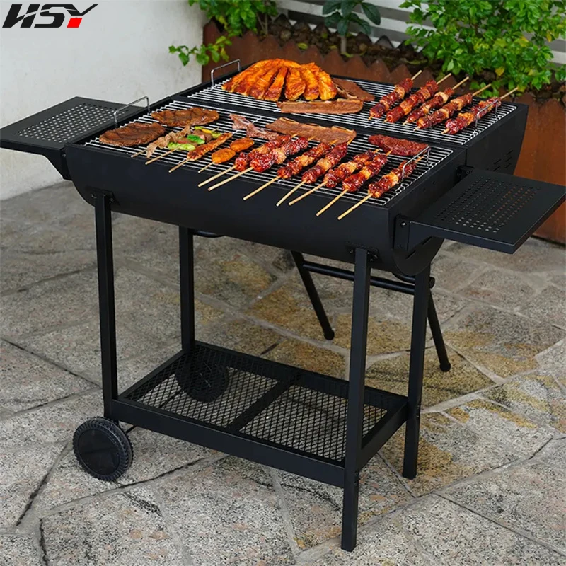 Heavy Duty Double Cooking Area Smoker Barbecue Barrel Grill Outdoor Party Charcoal Bbq Grill with Wheels