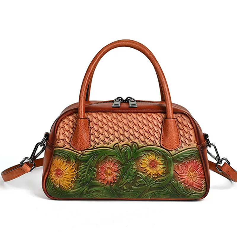 2026 New Ethnic Style Genuine Leather Retro Handbag Handmade Leather Carving Women's Shoulder Crossbody Bags