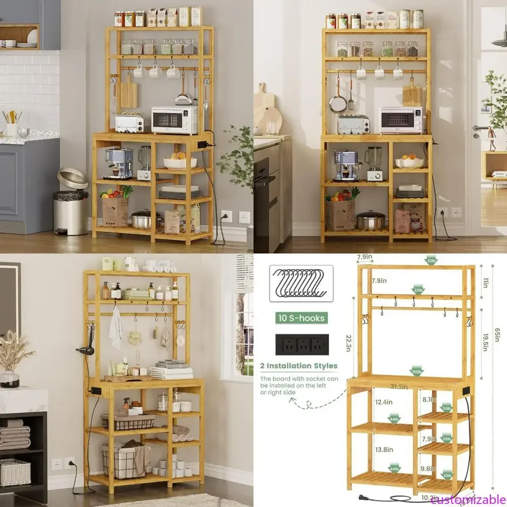 

Kitchen Storage Shelf with 8-Tier Microwave Stand and Power Outlets, Featuring S-Shaped Hooks and Coffee Bar Table Station
