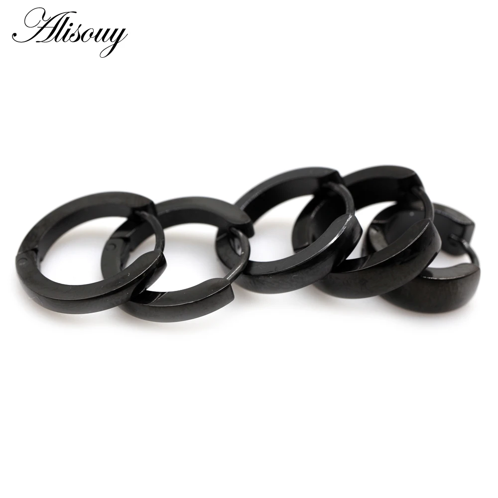 Alisouy 2PC Fashion Women Men Small Earrings Gold Color Black Stainless Steel Round Smooth Circle Hoop Earrings Jewelry