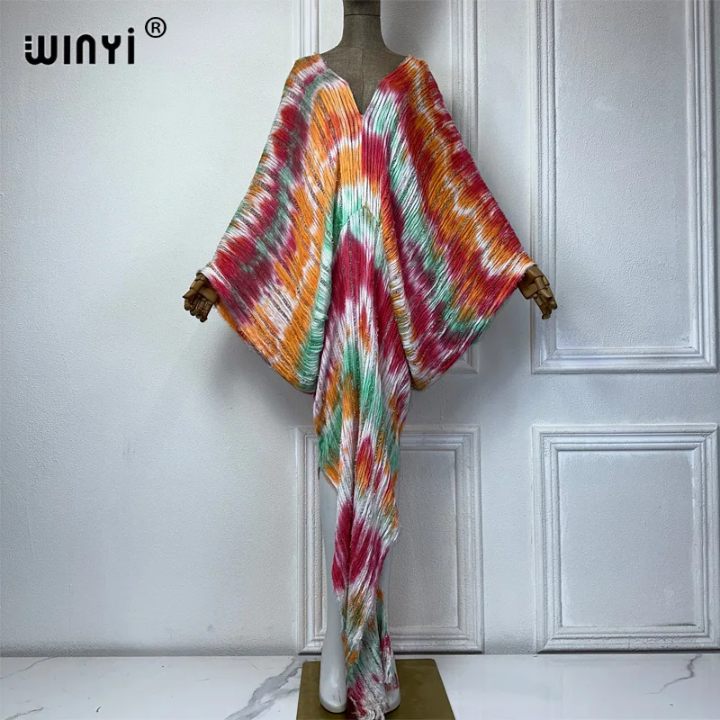 WINYI Original kaftan tie-dye summer v-neck Knitted hollow sexy beach cover up dress Elegant Floor-sweeping evening dress Women