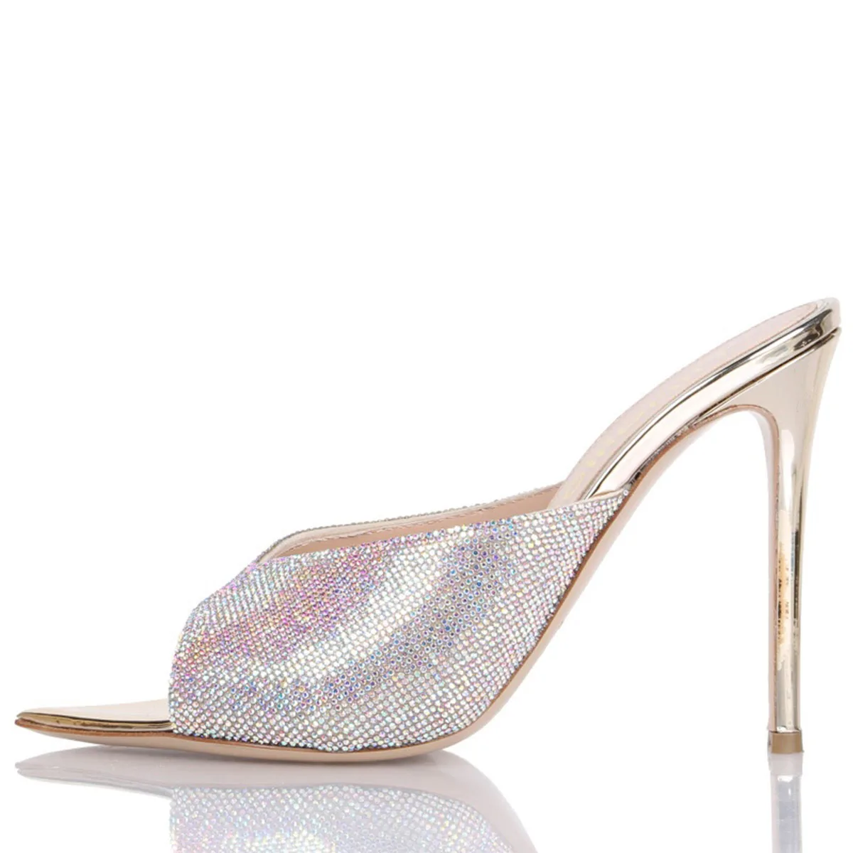 

Arden Furtado Summer Peep toe Slippers Pointed toe pull-on Super high heel Sexy Crystal Word slippers Outdoor wear Mules