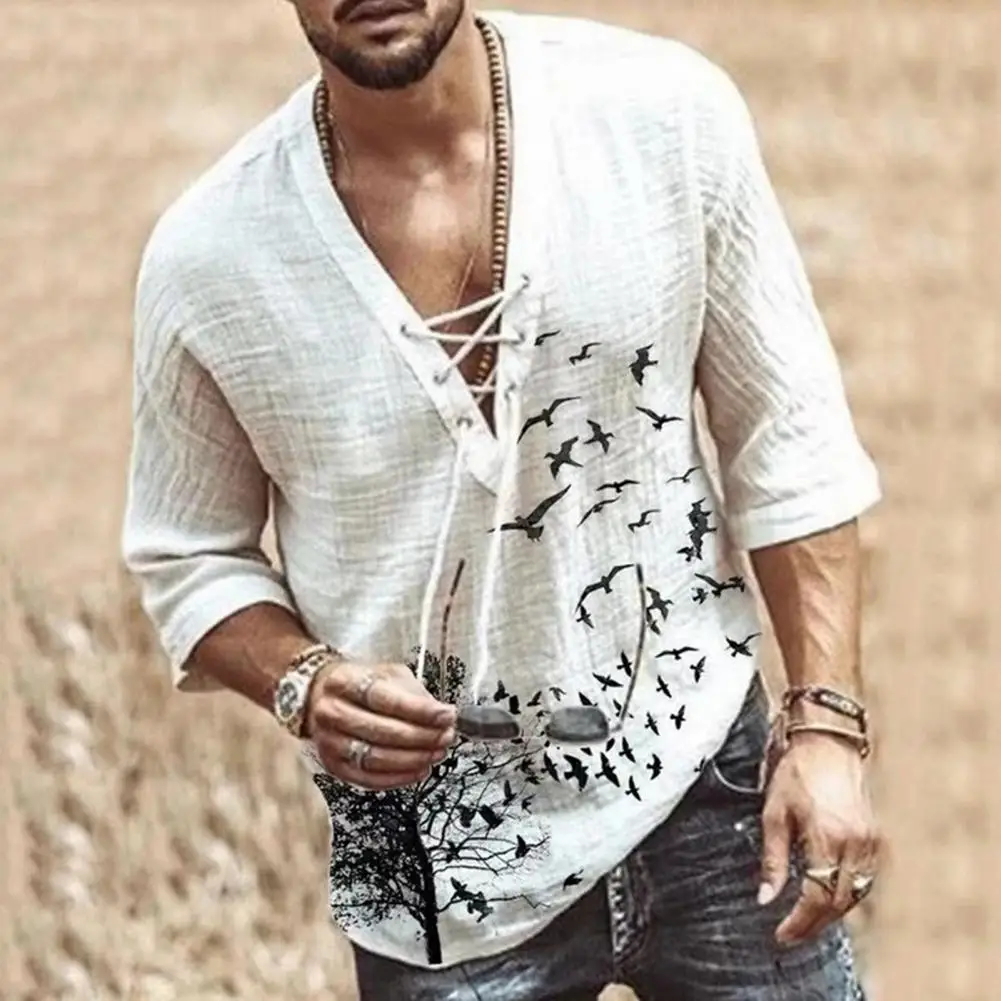 Classic Summer Top Pullover Tee Shirt Front Lace Up Loose Middle Sleeve Casual T-shirt  Skin-friendly