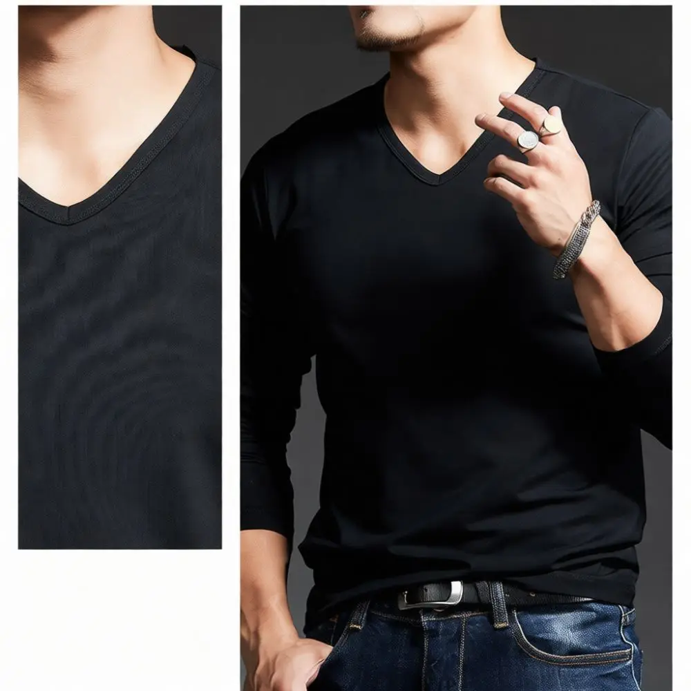 Mens Slim Fit V Neck Long Sleeve T Shirt Dark Gray Base Layer Casual Pullover Tops Comfortable Stretchy Soft Tee