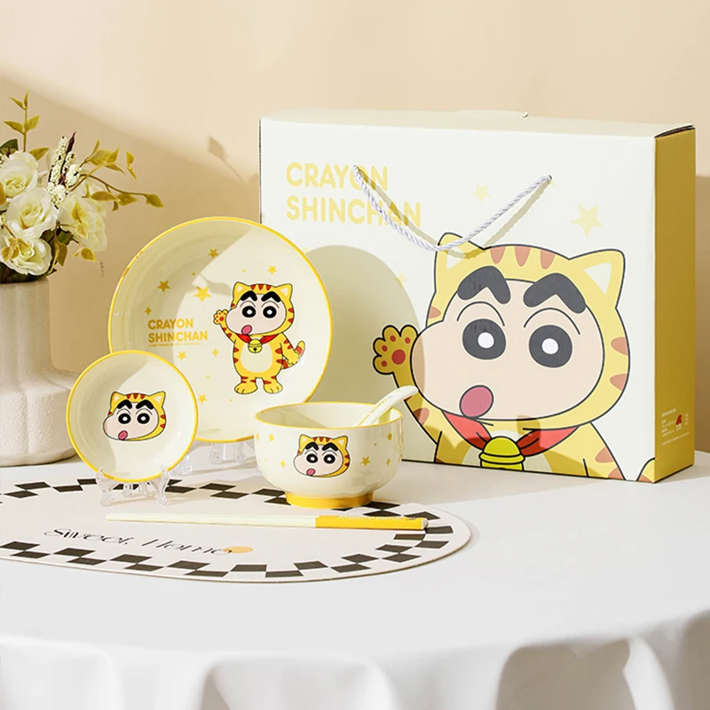 5 Pcs Crayon Shinchan Ceramic Tableware Set Cartoon Anime Bowl Plate Spoon Chopsticks Household Dinnerware Kid Birthday Gift Box