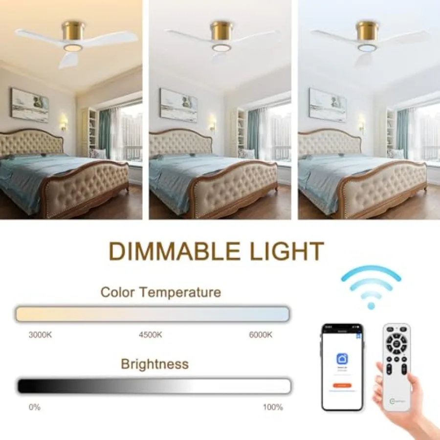 Ventilador de teto inteligente de 52 polegadas com luz integrada e controle remoto para uso interno Modo de montagem embutida de baixo perfil em ouro branco de 3 lâminas