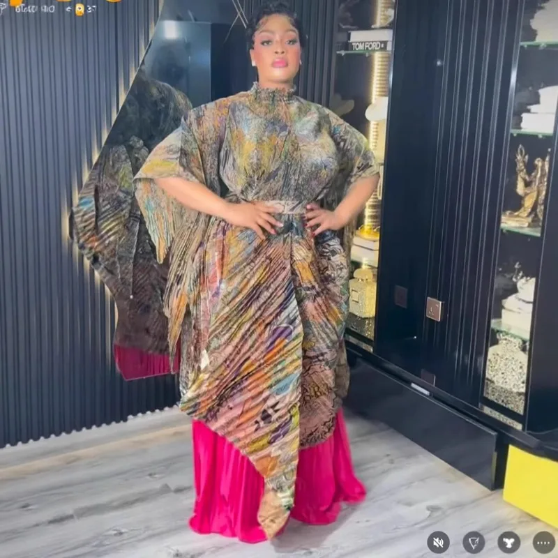 African Plus Size Women's Miyake Pleated Printed Swing Top Bat Sleeve Shawl Wide Leg Straight Pants 2 Piece Middle East Prom view 3