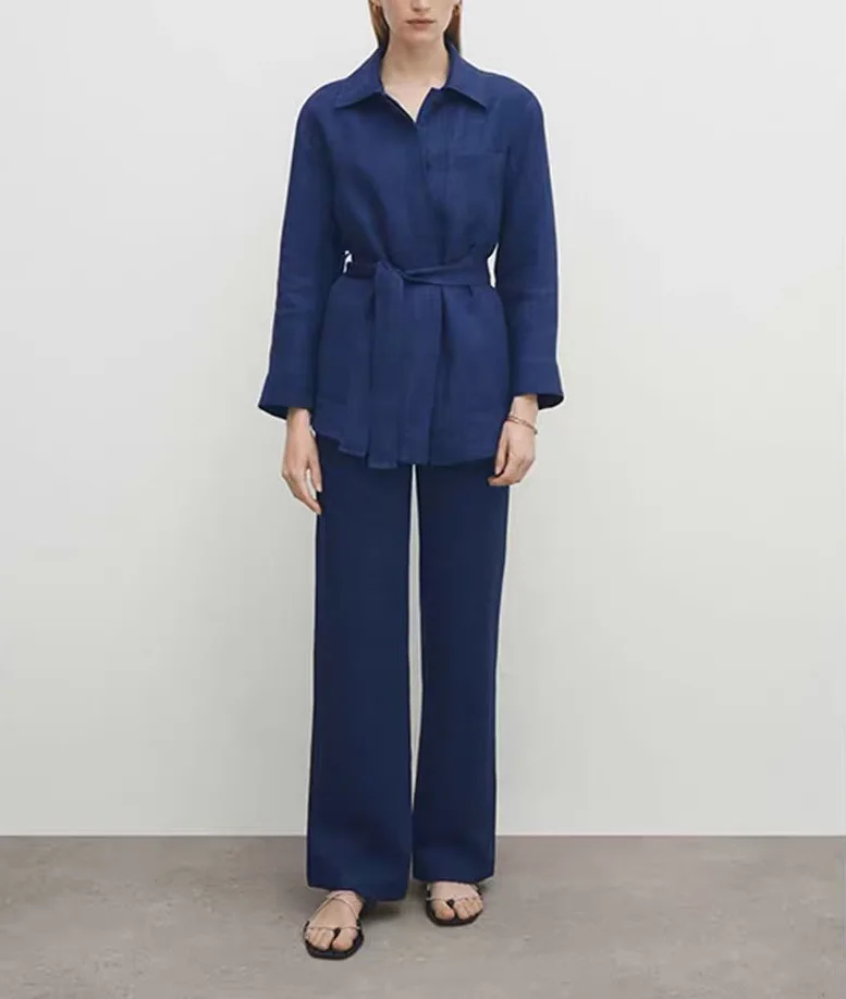 High Waist Commuter Casual Denim Look Long Pants Set Women's Fashion 2024 New Arrival Wide Leg Pocket Detail Polyester Fiber