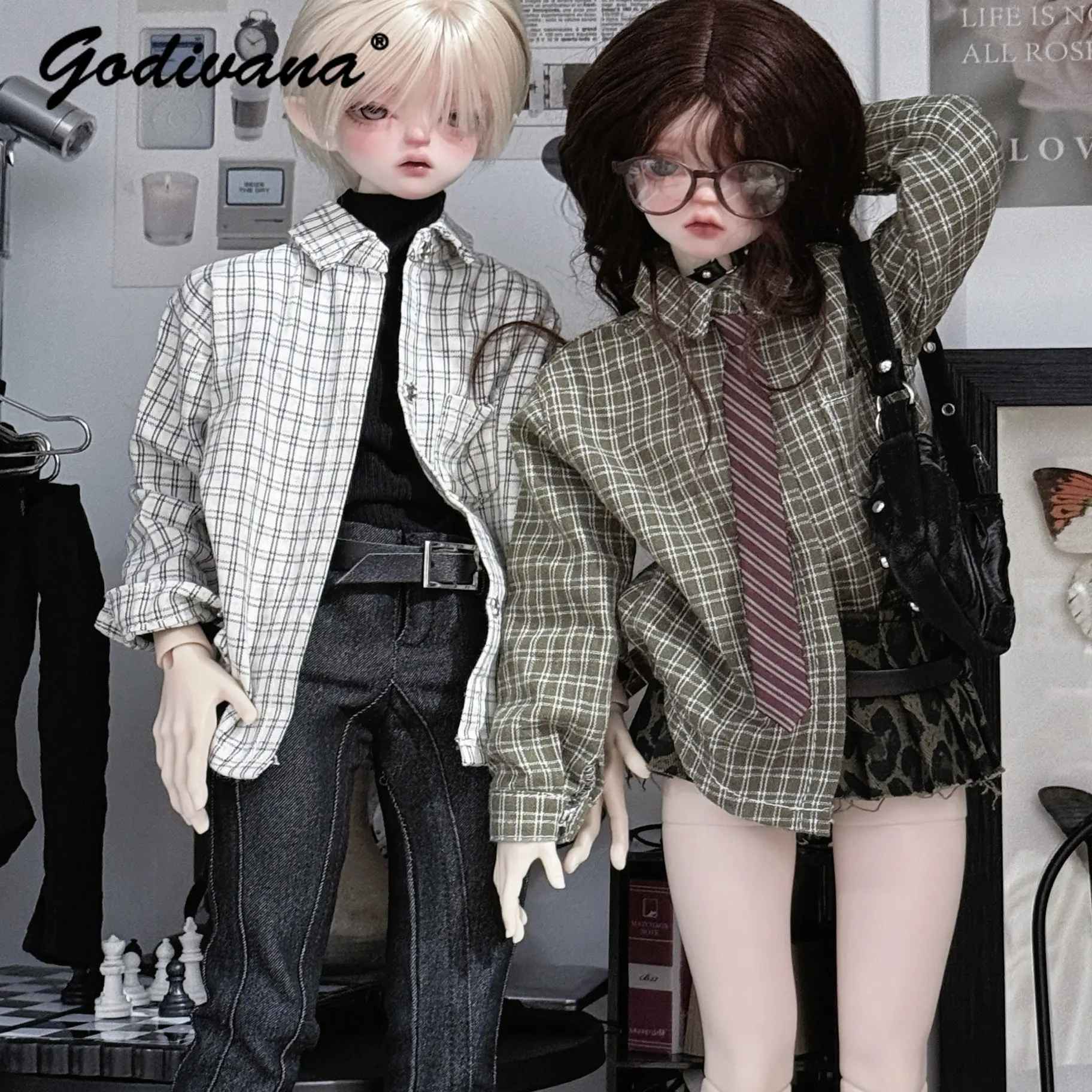 1/4 70 Uncle BJD Doll Clothes Versatile Basic Plaid Shirt Loose Oversized Lapel Blouse Casual Preppy Style Doll Top Clothes