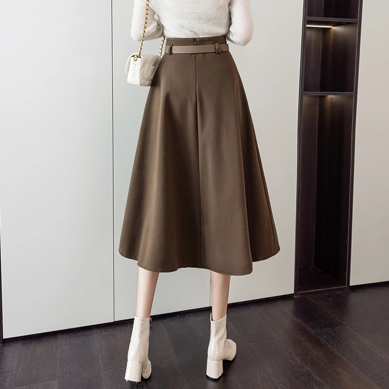 Coffee Elegant Fashion Winter Warm Wool Skirt For Woman 2023 High Waist Casual Big Swing Mid-Long Skirt With Belt