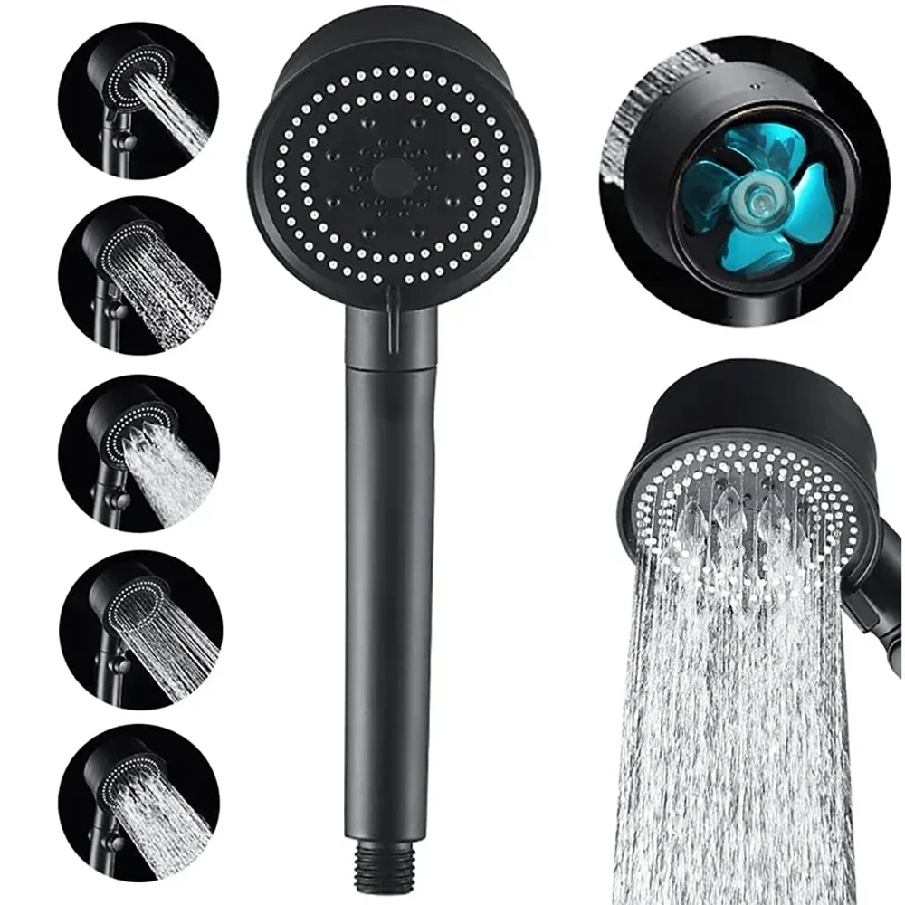 New Turbo Shower Head 5 Modes Adjustable with Small Fan High Pressure Water Saving Showerhead for Bathroom Accessories Black