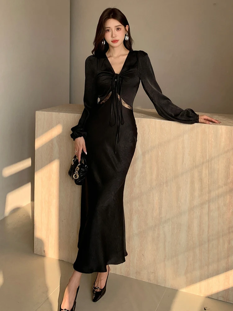 Nuova primavera autunno elegante signora nero Casual sirena abito lungo abbigliamento donna trasparente Sexy scollo a v Slim Robe Party Birthday Vestidos