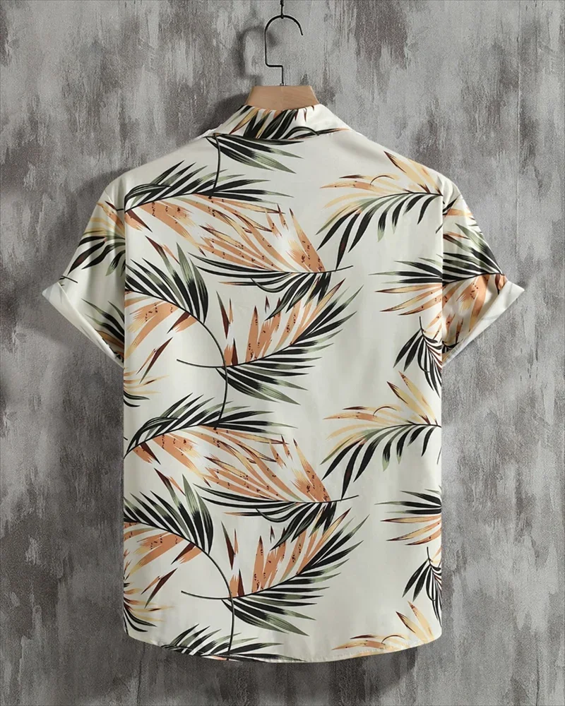 2024 New Fashion Men\'s Leaf Print Short Sleeve Shirt Summer Beach Resort Style Tropical Hawaiian Shirt Men\'s Top 6XL