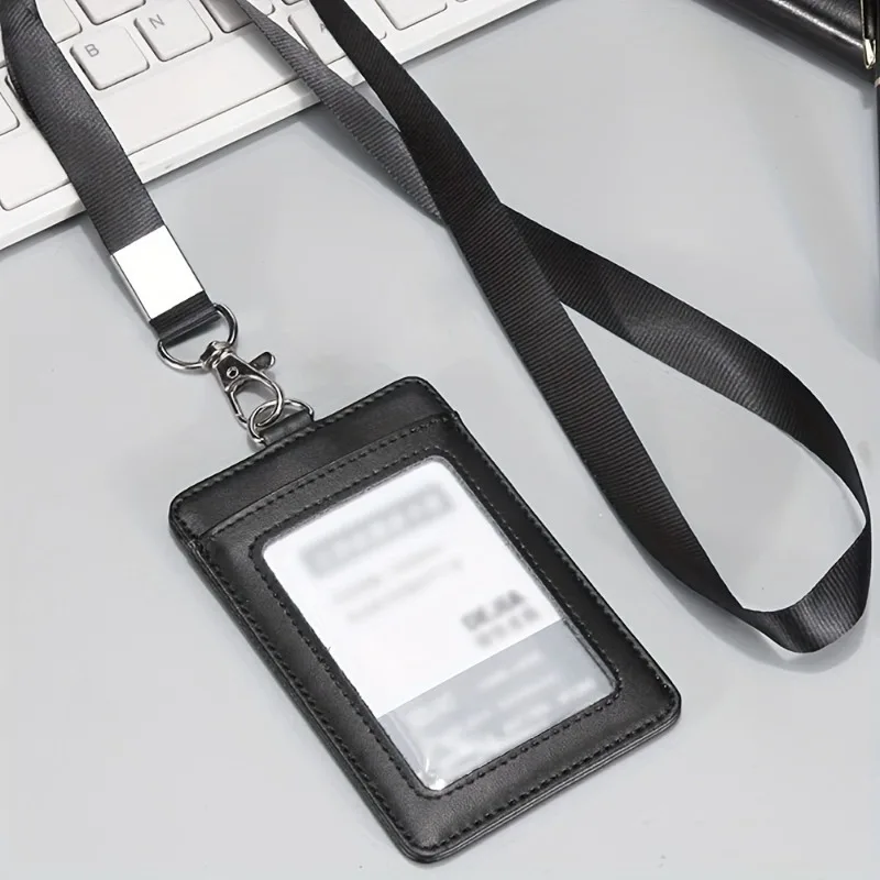 PU Leather Certificate Work Card Holder Access Control Card Holder Staff Badge Meal Card Easy To Pull Buckle Lanyard