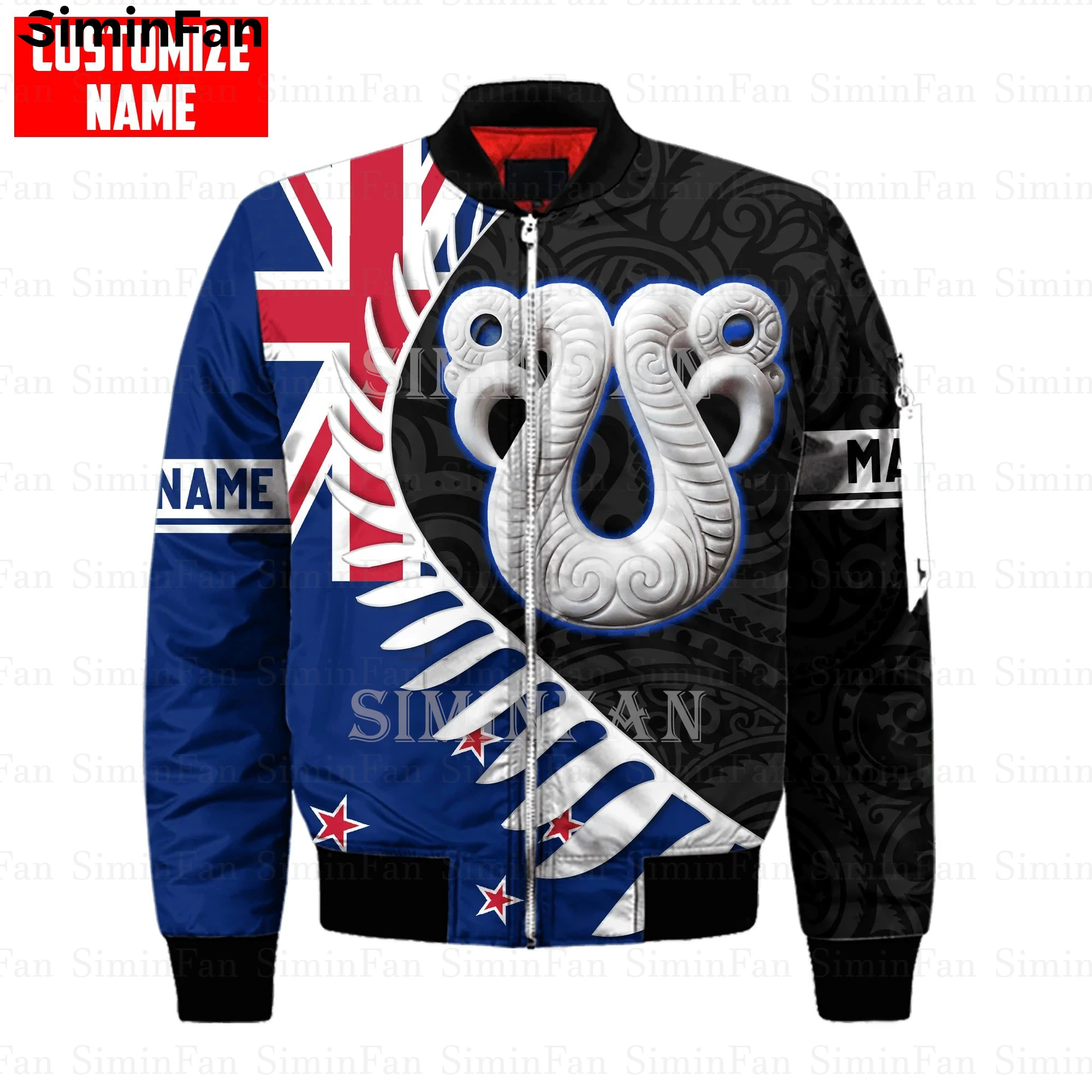 

New Zealand Maori Blue Black 3D Printed Mens Bomber Jackets Unisex Flight Outwear Winter Women Quilted Cotton Thick Zipper Coat