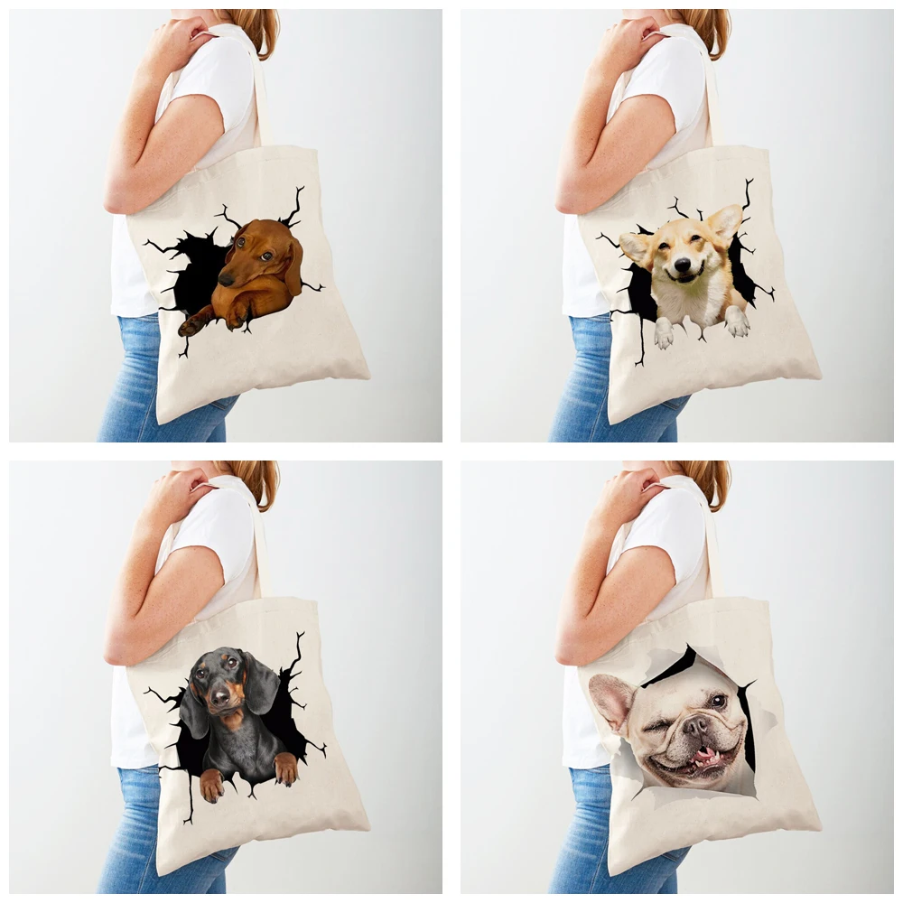 3D รูปแบบสุนัขการ์ตูนผู้หญิงกระเป๋านักช้อป Lady Canvas Tote กระเป๋าถือแบบใช้ซ้ําได้คู่ด้านข้างสัตว์เลี้ยงสัตว์พิมพ์ Casual Shopping Bag