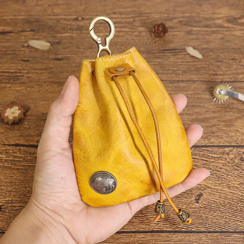 Retro Genuine Leather Bag Coin Purse Drawstring Key Wallets Fashion Women Men Housekeeper Card Key Holders