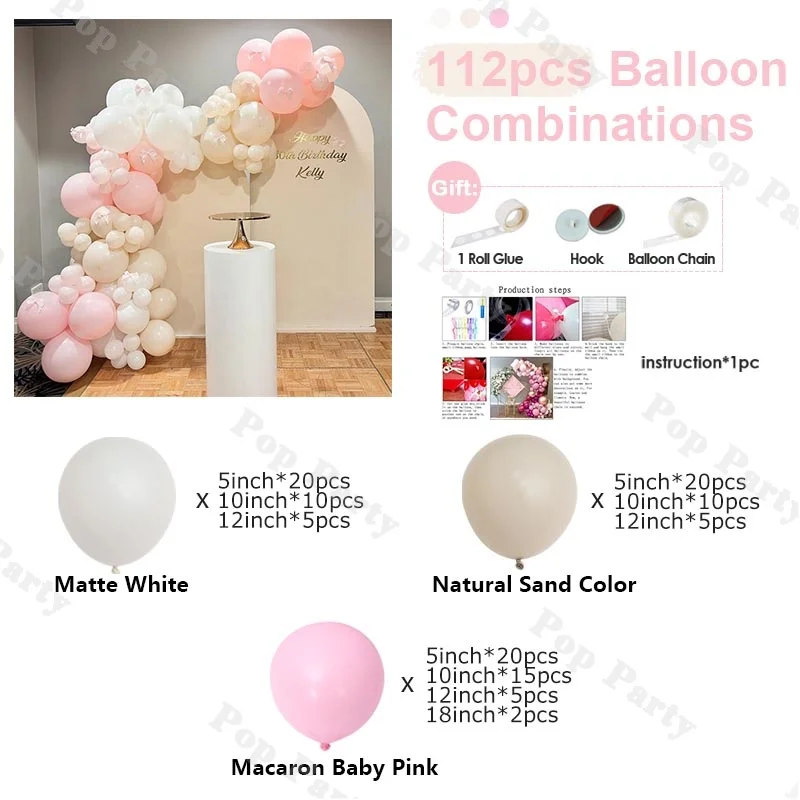 112pcs Decorative Balloon Set: Matte White and Light Pink Latex Balloon Arch Set, Birthday Backdrop for Girls, Baby Shower