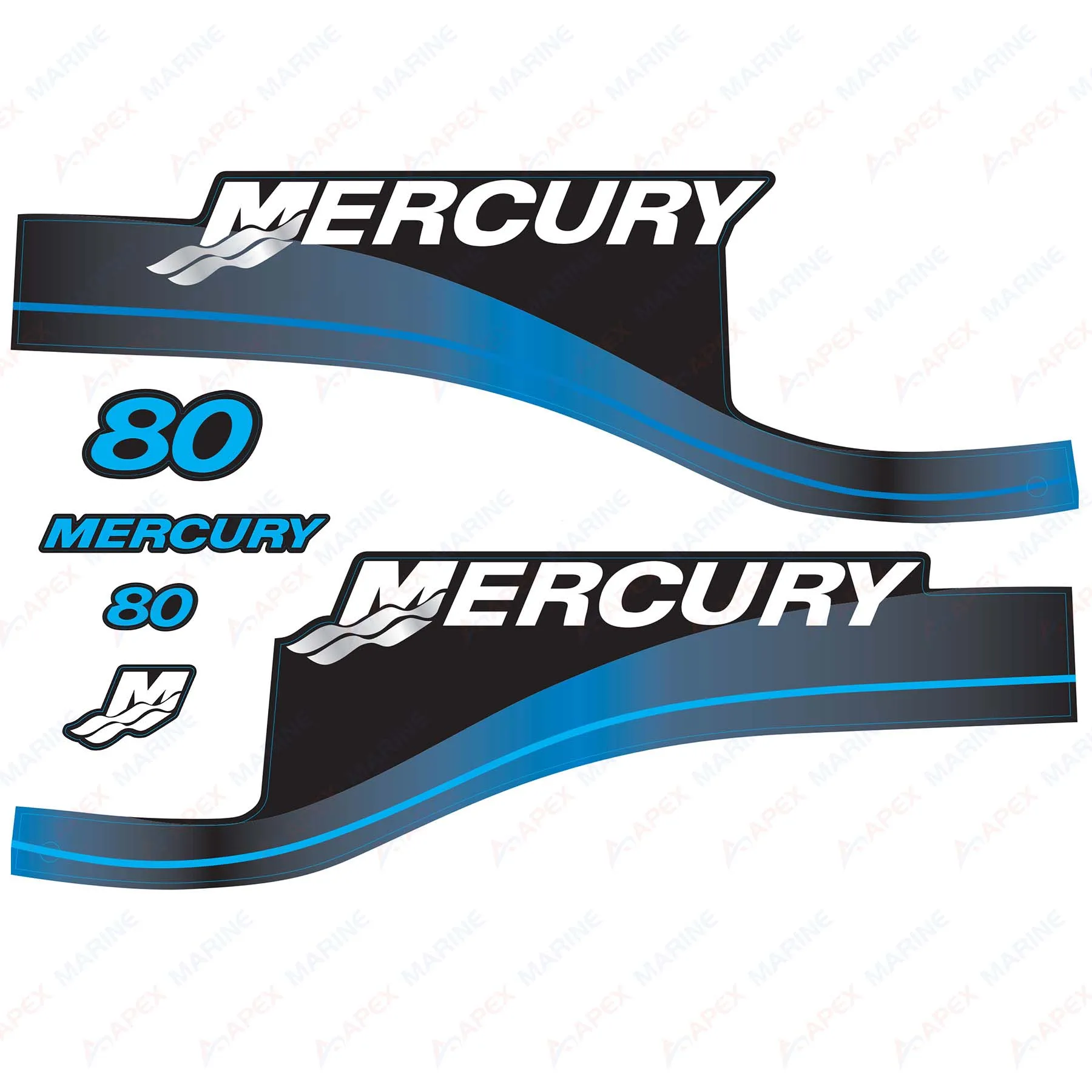 Decals for Mercury 80hp Two Stroke Outboard Engine Blue Decal Kit Sticker Set Reproduction 80 HP 2-Stroke