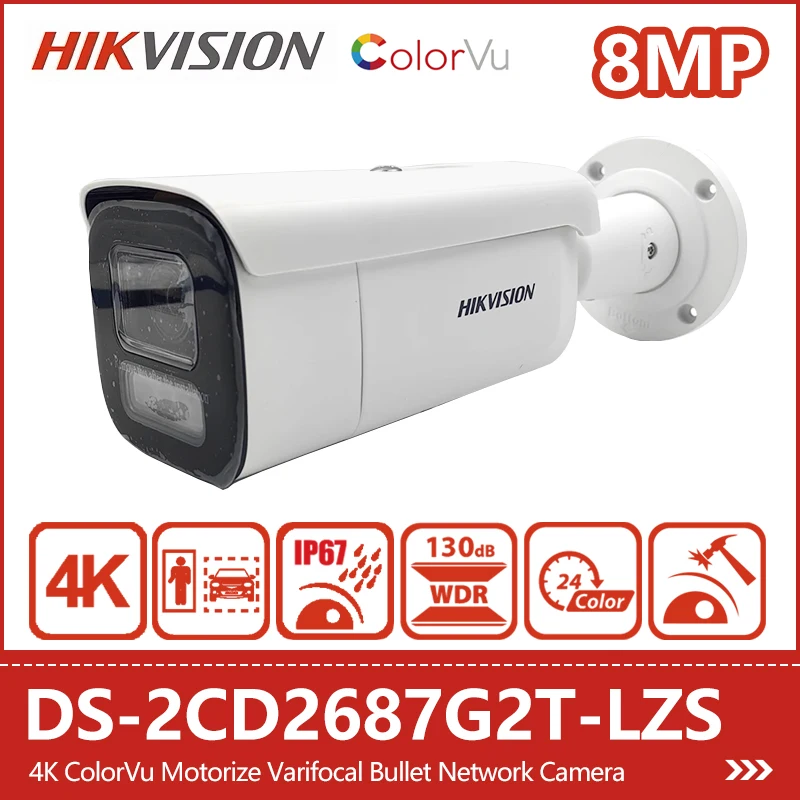 

Hikvision 8MP 4K ColorVu Сетевая камера с переменным фокусным расстоянием и поддержкой 4-кратного зума Обнаружение людей и транспортных средств Аудио сигнализация DS-2CD2687G2T-LZS