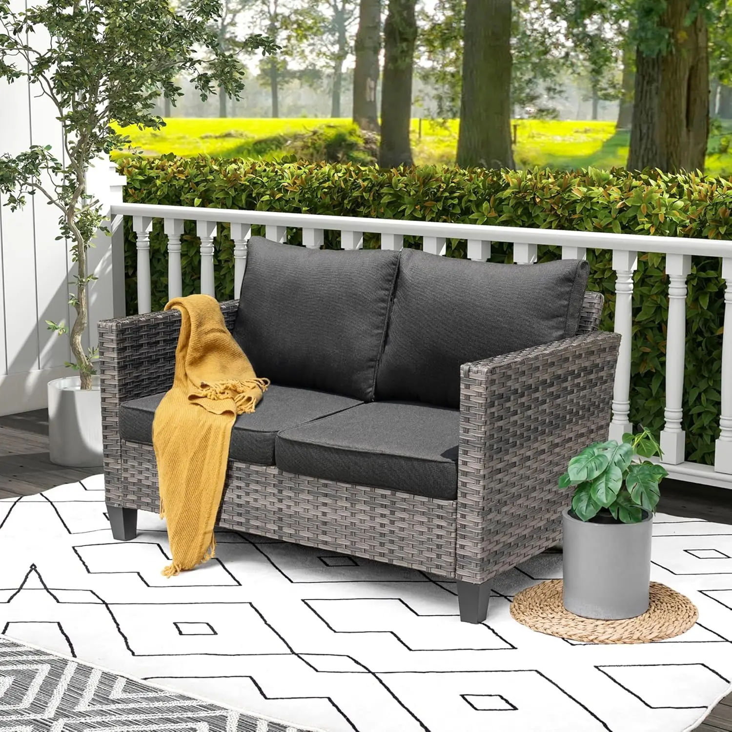 أريكة Loveseat، أريكة من الخيزران في الهواء الطلق بمقعدين، جميع الأحوال الجوية، مقعد عميق عالي الظهر مع وسائد مريحة لـ